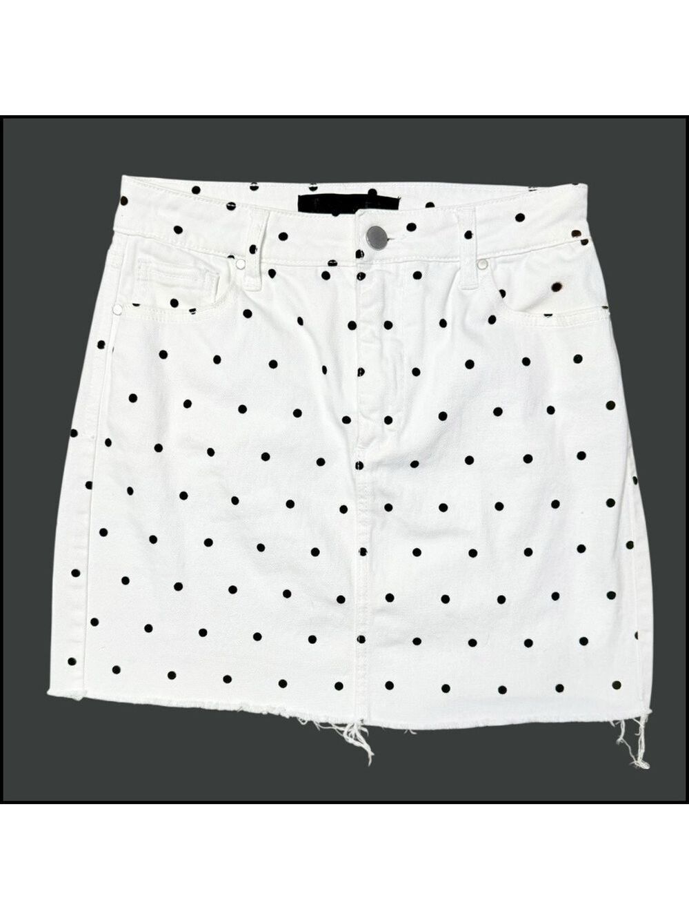 Tinsel White Polka Dot Denim Mini Skirt Size 27 small Distressed Raw Hem